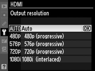 HDMI beállítások A beállítás menü HDMI eleme szabályozza a kimeneti felbontást, valamint lehetőséget biztosít a fényképezőgép távirányítására a HDMI-CEC (High-Definition Multimedia Interface Consumer