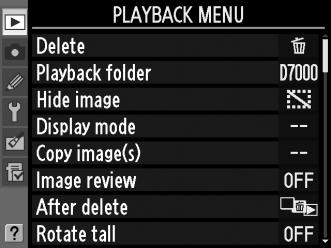 M Menü súgó D A visszajátszás menü: Managing Images (Képek kezelése) A visszajátszás menü megjelenítéséhez nyomja meg a G gombot és válassza a D (visszajátszás menü) címkét.