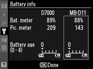 Battery Info (Akkumulátor adatai) G gomb B Beállítás menü Megjeleníti a fényképezőgépben levő akkumulátor adatait. Tétel Leírás Bat.