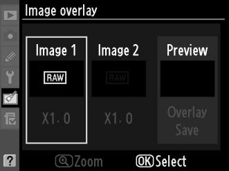 A jobb oldalon látható párbeszédpanel jelenik meg, az Image 1 (1. Kép) kijelölésével; nyomja meg az J gombot a fényképezőgéppel készült NEF képek listázásához.
