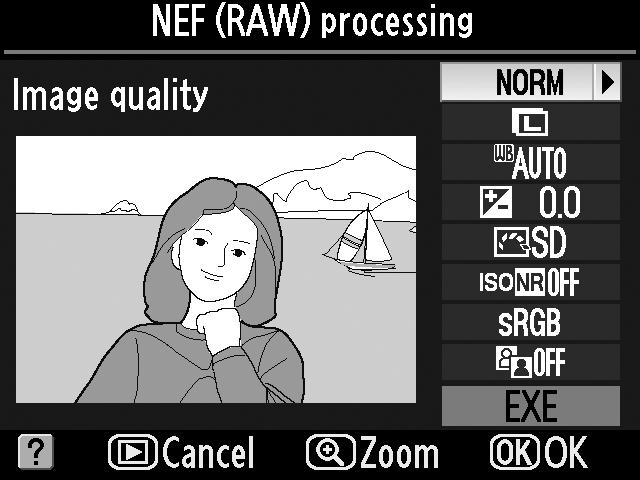 NEF (RAW) Processing (NEF (RAW) feldolgozás) G gomb N retusálás menü JPEG másolatok készítése NEF (RAW) képekről. 1 Válassza a NEF (RAW) processing (NEF (RAW) feldolgozás) elemet.