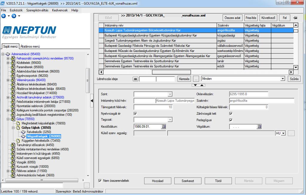 5. Végzettségek A felvételi rendszerből jövő előképzettség és végzettség adatok szervezetre vonatkozó megfeleltetésének javítására létrejött egy új felület a Gólya fájlok/végzettségek (26000) néven.