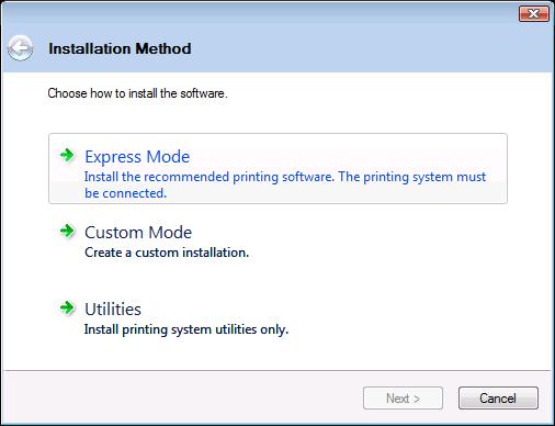 5 Választhatja az Express Mode vagy a Custom Mode telepítési módot. Express Mode: Ha a nyomtatót USB vagy hálózati csatolóval csatlakoztatta és be van kapcsolva, a telepítő felismeri.
