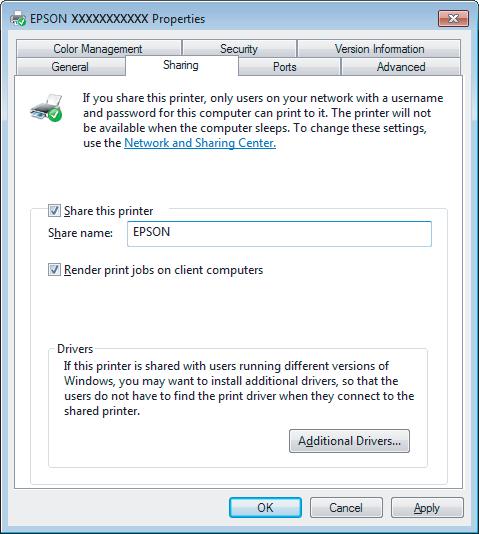 Nyomtatás C Válassza ki a Share this printer (A nyomtató megosztása) gombot, majd adja meg a megosztott nyomtató nevét. A megosztási névben ne használjon szóközöket vagy kötőjeleket.