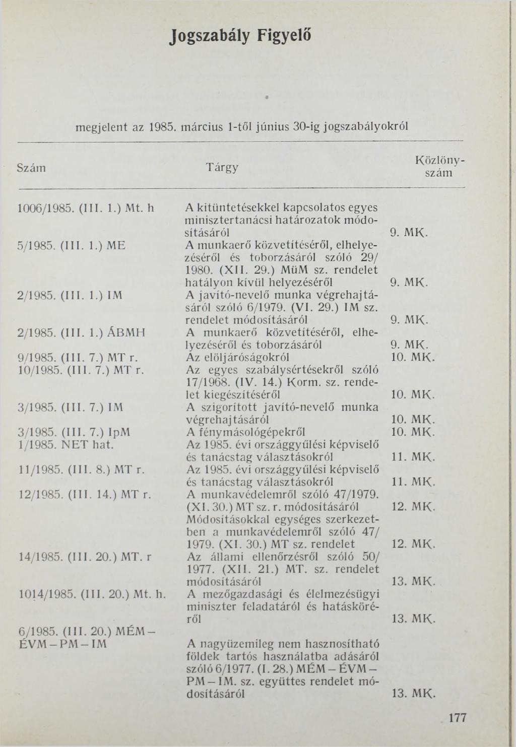 Jogszabály Figyelő Szám megjelent az 1985. március 1-től június 30-ig jogszabályokról Tárgy Közlöny 1006/1985. (III. 1.) Mt. h 5/1985. (III. 1.) ME 2/1985. (III. 1.) IM 2/1985. (III. 1.) ÁBMH 9/1985.