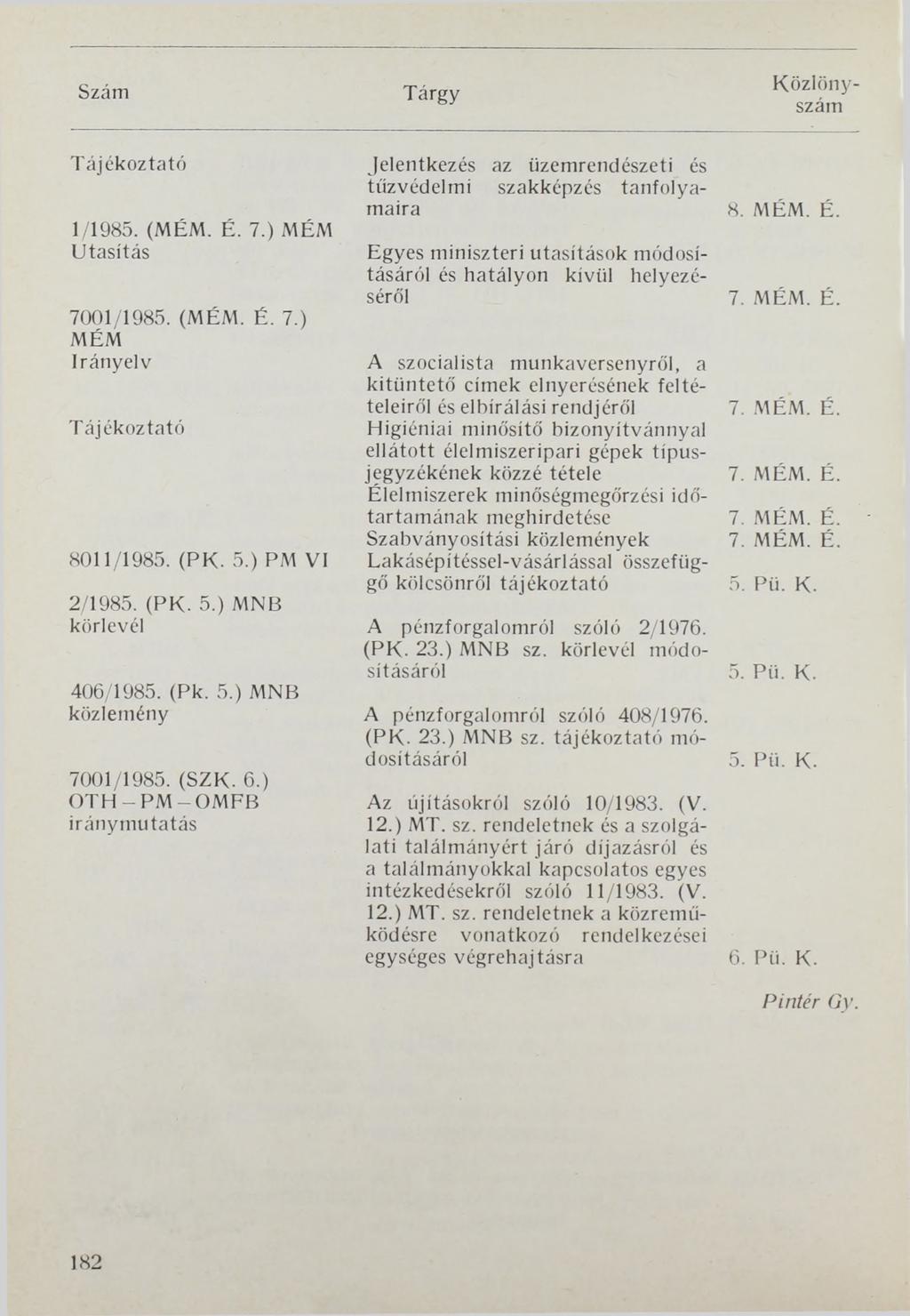 S zám K ö zlö n y - 1/1985. (MÉM. É. 7.) MÉM 7001/1985. (MÉM. É. 7.) MÉM Irányelv 8011/1985. (PK. 5.) PM VI 2/1985. (PK. 5.) MNB körlevél 406/1985. (Pk. 5.) MNB közlemény 7001/1985. (SZK. 6.