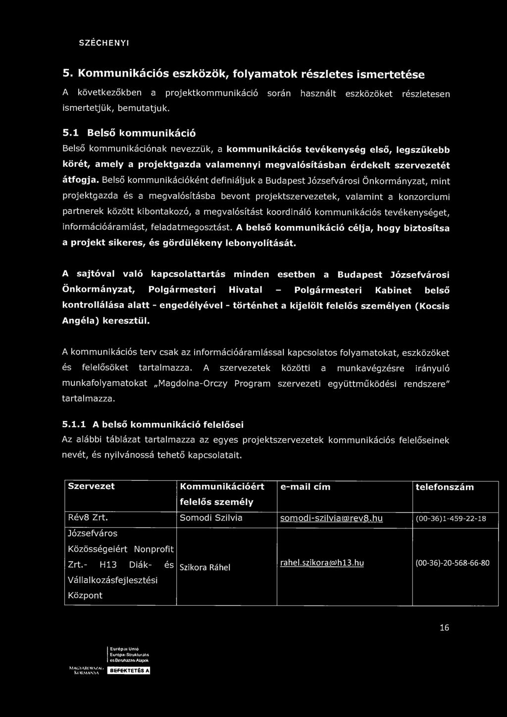SZÉCHENYI 5. Kommunikációs eszközök, folyamatok részletes ismertetése A következőkben a projektkommunikáció során használt eszközöket részletesen ismertetjük, bemutatjuk. 5.1 Belső kommunikáció Belső kommunikációnak nevezzük, a kommunikációs tevékenység első, legszűkebb körét, amely a projektgazda valamennyi megvalósításban érdekelt szervezetét átfogja.