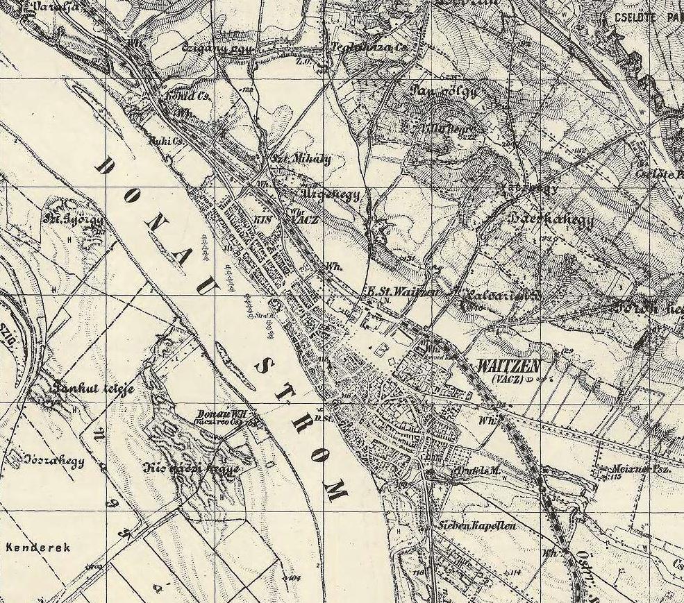 Az 1869-87 közötti időkben készült harmadik felújított katonai felvételen Vác további növekedést mutat.