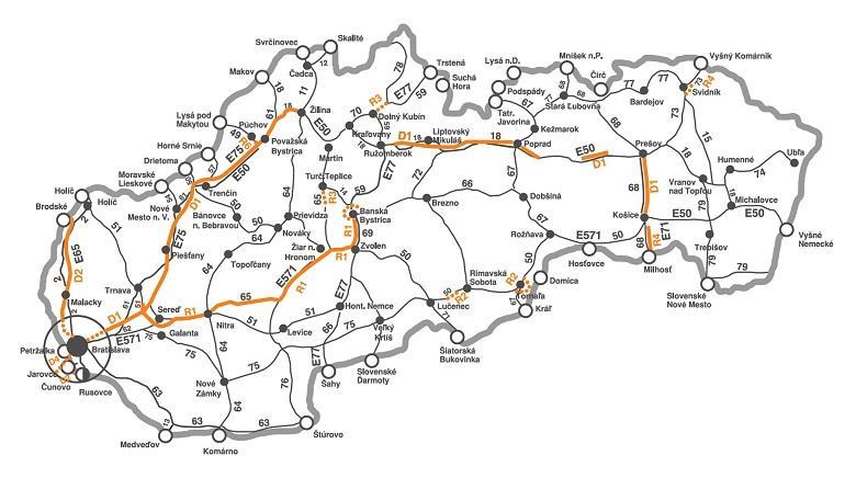 Diaľničné poplatky Na úsekoch diaľnic a rýchlostných ciest vyznačených na mape oranžovou farbou musia byť platnou diaľničnou nálepkou označené všetky motorové vozidlá s celkovou hmotnosťou do 3,5 t.