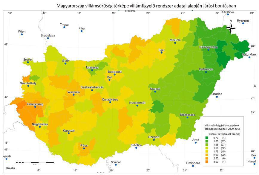 A villámsűrűség értéke a következő térkép alapján lett meghatározva: Meghatározóak a közvetlen villámcsapás veszélye szempontjából a vizsgált épület geometriai méretei.