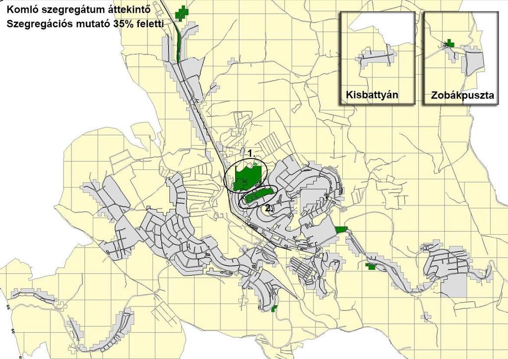 61 4.1-1. ábra: Komló szegregátumait bemutató térképe. Forrás: 2011. évi népszámlálás, KSH. A legkedvezőtlenebb mutatókkal az 1. számú szegregátum rendelkezett a 2011-es népszámlálás időpontjában.