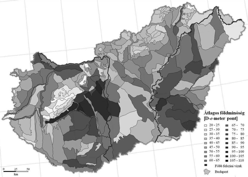 1178 2. ábra Áttekintőtérkép Magyarország kistájainak földminőségéről a D-e-Meter rendszer szántóminősítési eljárása szerint (Tóth et al., 2014) átlagos érték mögött fontos különbségek bújnak meg.