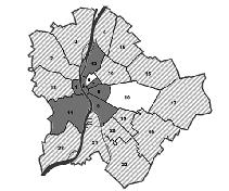 (egyed/km2). A fekete oszloppal jelölt kerületekben minimum 1 egyed/km2-es sűrűség becsülhető (I., II., VII., IX., XII.