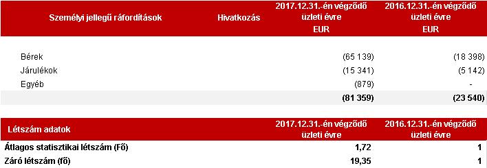 26 9 Személyi jellegű ráfordítások A Csoport 2017. decembertől - a korábban kiszervezéssel biztosított - ingatlan üzemeltetési tevékenységét saját konszolidációs körbe tartozó céggel látja el.