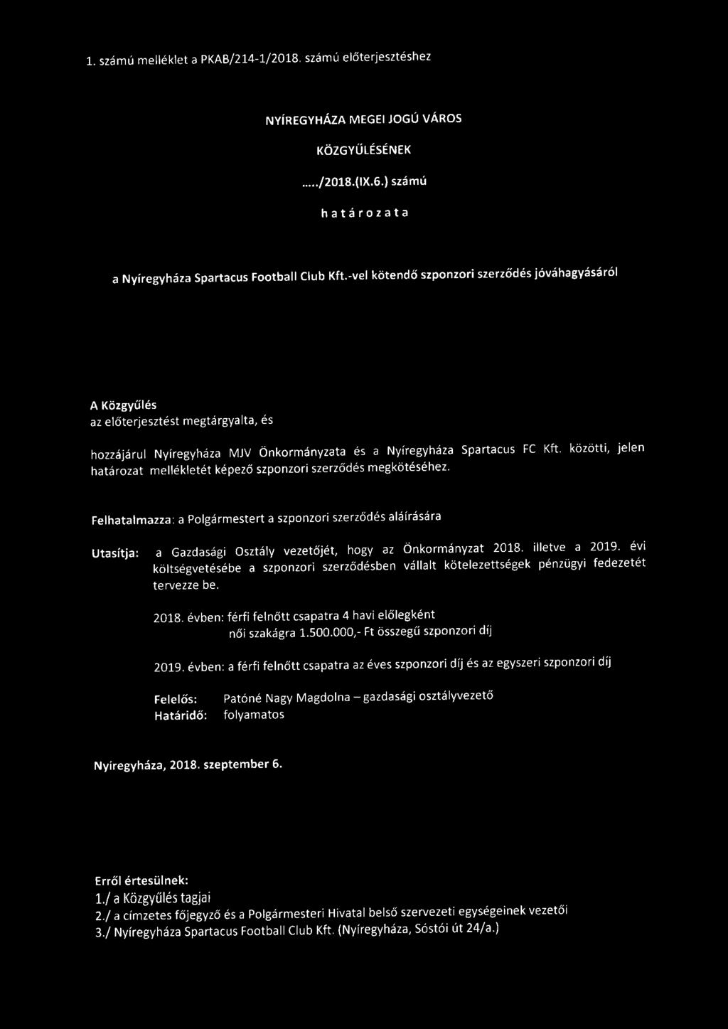 1. számú melléklet a PKAB/214-1/2018. számú előterjesztéshez NYÍREGYHÁZA MEGEI JOGÚ VÁROS KÖZGYŰLÉSÉNEK... /2018.(IX.6.) számú határozata a Nyíregyháza Spartacus Football Club Kft.