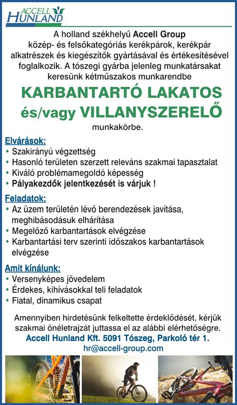 dokumentálása, villamos berendezések javítása, cseréje, karbantartása. Elvárások: villanyszerelő végzettség, esetleg keverőtelepi tapasztalat, B kategóriás jogosítvány.