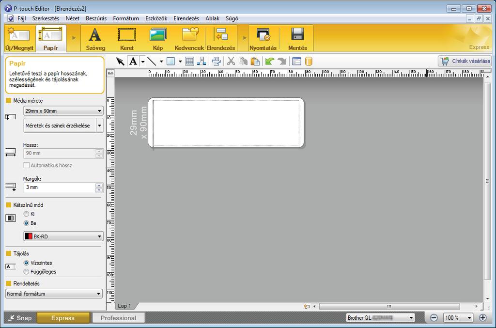 A P-touch Editor használata 2 színű nyomtatási konfiguráció 7 A nyomtató 2 színben is képes nyomtatni. Konfiguráció a P-touch Editor programmal Express mód 7 a Válassza a [Papír] elemet.