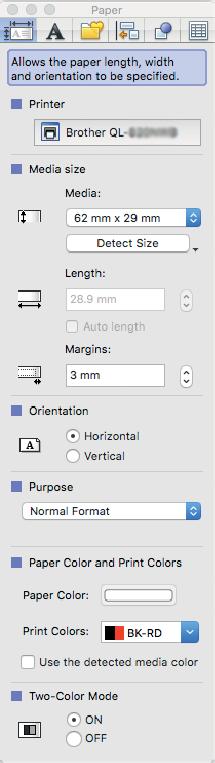 A P-touch Editor használata 2 színű nyomtatási konfiguráció 7 A nyomtató 2 színben is képes nyomtatni. Konfiguráció a P-touch Editor programmal Standard mód 7 a Válassza a [Paper] (Papír) elemet.