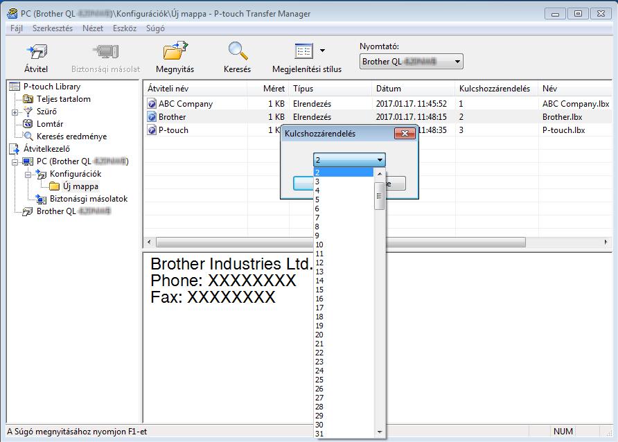 A P-touch Transfer Manager és a P-touch Library használata (csak Windows ) e Egy elemhez hozzárendelt kulcsszám módosításához kattintson jobb gombbal az elemre, jelölje ki a [Kulcshozzárendelés]