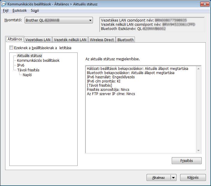 A címkenyomtató beállításainak módosítása Kommunikációs beállítások Windows esetén 4 A Nyomtatóbeállító eszköz [Kommunikációs beállítások] funkciójával megadhatja vagy módosíthatja a nyomtató