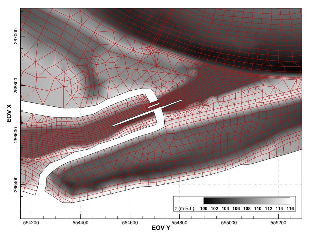 5. ábra A torkolati mű környezetének számítási hálója és a domborzati viszonyai. 2.