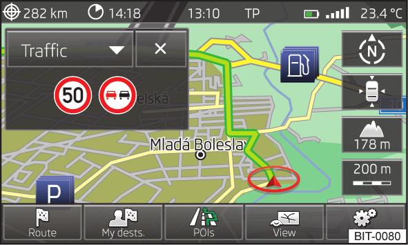 ábra Kiegészítő ablak: iránytű A mutatandó navigációs utasítás útneve vagy útszáma; Távolság a helységhez a következő navigációs utasítással beleértve a hátralévő út numerikus adatát, illetve