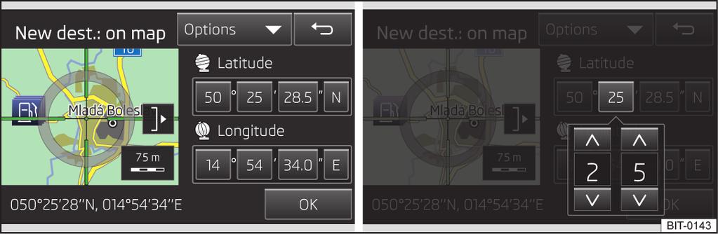 Térkép 36. ábra Úti cél megadás a térképpel Nyomja meg a Navigation főmenüben a Options On map gombot. vagy Nyomja meg a Navigation főmenüben a New dest./stopover Options On map gombot.