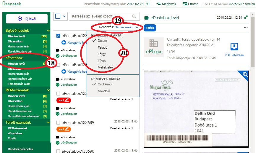 az epostabox, Minden levél szövegre (18) o Kattintson a Rendezés: Dátum