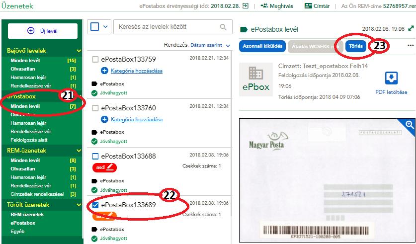 Levelek törlése, visszaállítása o Törlés: Kattintson az epostabox