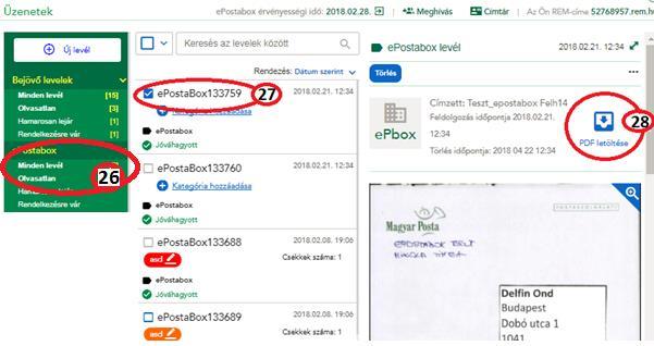 Levél tartalom letöltése A Felhasználó leveleit 60 napig tárolja az epostabox rendszer, ezt követően
