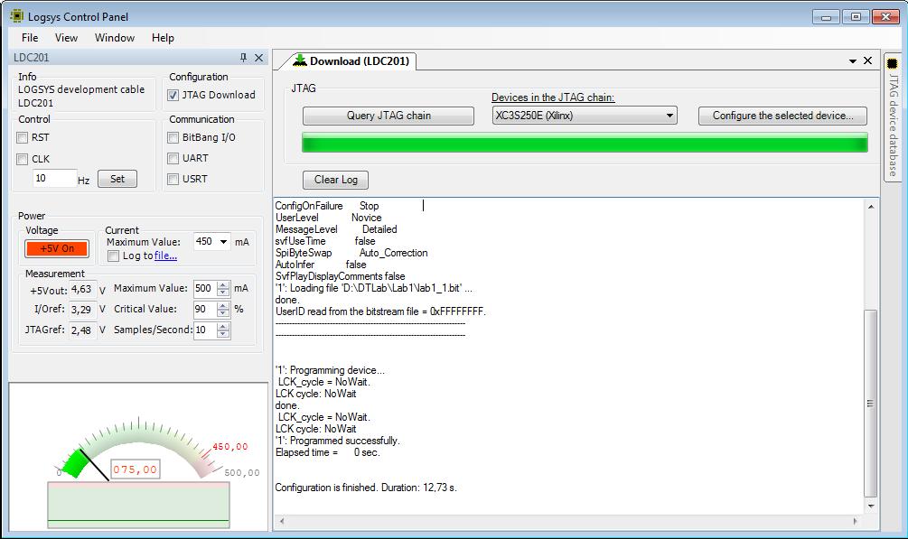 Az FPGA felkonfigurálása Nyissuk meg a JTAG Download konfigurációs interfészt Azonosítsuk az elérhető eszközöket Query JTAG Chain Válasszuk ki az FPGA-t a listából (csak egy