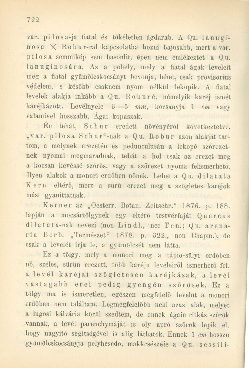 var. pilosa-ja fiatal és tökéletlen ágdarab. A Qu. lanuginosa X R o b ur-ral kapcsolatba hozni bajosabb, mert a var. pilosa semmikép sem hasonlit, épen nem emlékeztet a Qu. lanuginosára.