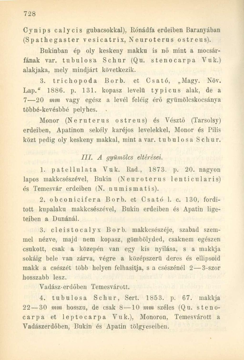 Cynips calycis gubacsokkal), Rónádfa erdeiben Baranyában (Spathegaster vesicatrix, Neuroterus ostreus). Bukinban ép oly keskeny makku is nő mint a mocsárfának var. tubulosa Schur (Qu. stenocarpa Vuk.