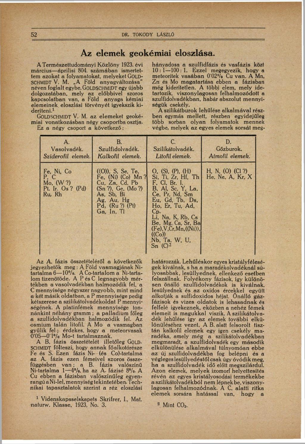 52 DR. TOKODY LÁSZLÓ Az elemek geokémiai eloszlása. A Természettudományi Közlöny 1923. évi március áprilisi 804. számában ismertettem azokat a folyamatokat, melyeket GOLD- SCHMIDT V. M.