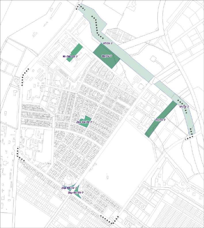 Közkert, közpark (Zkp-Kk, Kt-Zkk), Közjóléti erdőterület (Ek), Védelmi erdőterület (Ev), Vízfolyás medre és partja (Vf), Temető terület (K-T) A zöldfelületi rendszer szempontjából meghatározóak a