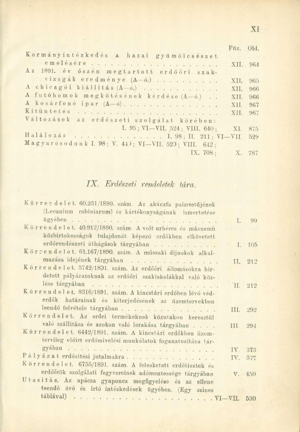 Fttz. Old. Kormányintézkedés a hazai gyümölcsószet emelésére XII. 964 Az 1891. év őszén megtartott e r d ő ő r i szakvizsgák eredménye (A ó.) XII. 965 A chicagói kiállítás (A -ó.) XII. 966 A futóhomok megkötésének kérdése (A ó.