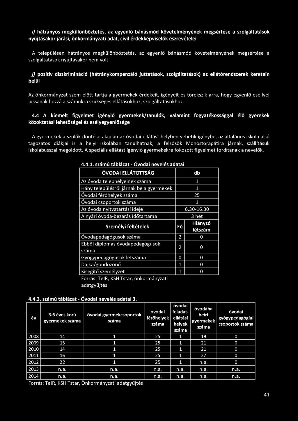 i) hátrányos megkülönböztetés, az egyenlő bánásmód követelményének megsértése a szolgáltatások nyújtásakor járási, önkormányzati adat, civil érdekképviselők észrevételei A településen hátrányos