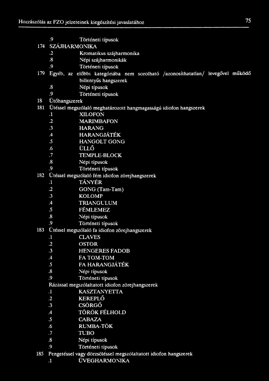 hangmagasságú idiofon hangszerek.1 XILOFON.2 MARIMBAFON.3 HARANG.4 HARANGJÁTÉK.5 HANGOLT GONG.6 ÜLLŐ.7 TEMPLE-BLOCK Ütéssel megszólaló fém idiofon zörej hangszerek.1 TÁNYÉR.2 GONG (Tam-Tam).3 KOLOMP.