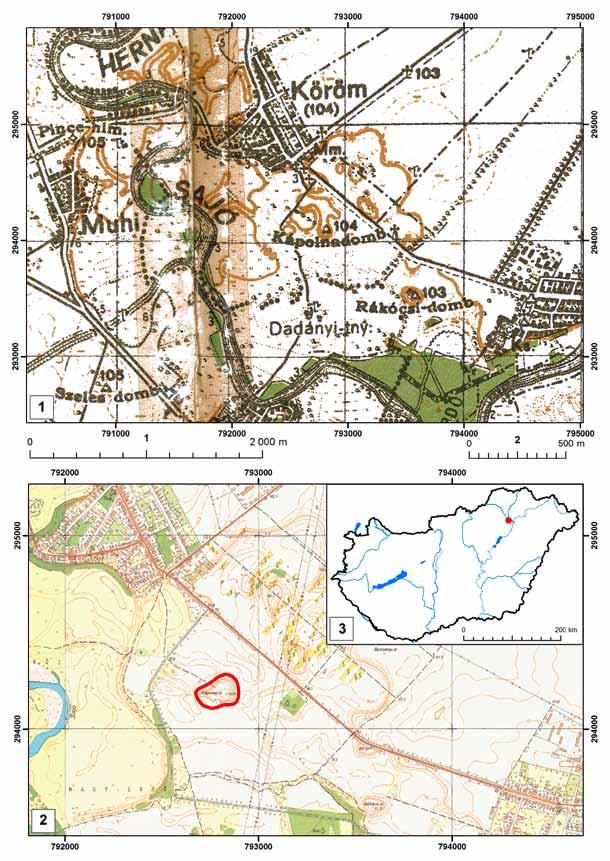 12 B. Hellebrandt Magdolna 1. kép. Köröm-Kápolna-domb és környezete. 1. Az 50 000-es térkép részlete. 2. A lelőhely a 10 000-es térképen 3.