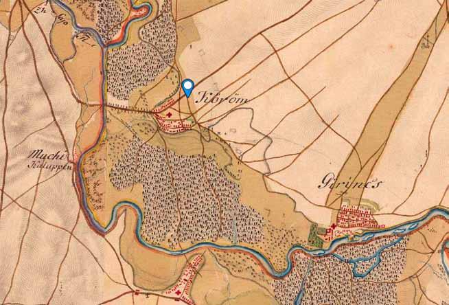 A Gáva-kultúra települése Köröm-Kápolna-dombon 19 6. kép. Köröm az I. katonai felmérésen, az ártérben a K Ny-i irányú mederrel Fig. 6. Köröm on the map of the First Military Survey, with the watercourse meandering in east-west direction in the floodplain area 16.