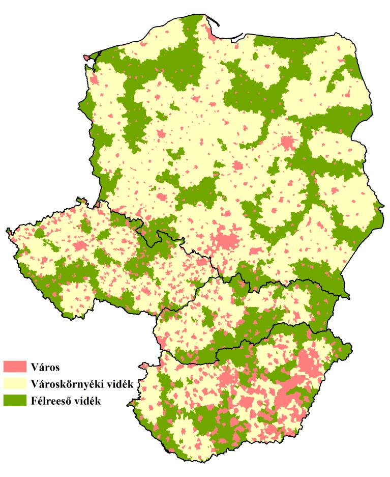 1. ábra: Városi, városkörnyéki vidéki és félreeső vidéki területek a visegrádi országokban (az értekezés során használt definíció szerint) Forrás: saját szerkesztés 2.
