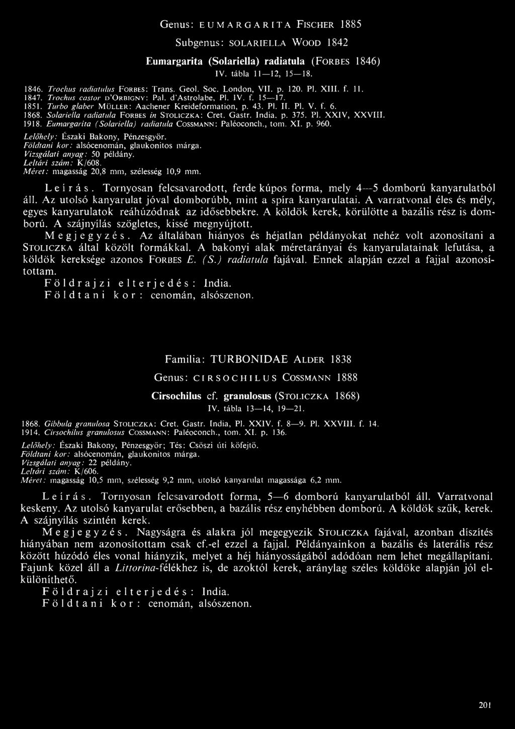Solariella radiatula Forbes in Stoliczka: Cret. Gastr. India, p. 375. Pl. XXIV, XXVIII. 1918. Eumargarita (Solariella) radiatula Cossmann: Paléoconch., tom. XI. p. 960.