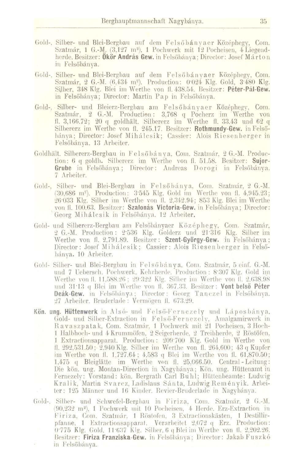 Berghauptmannschafl Nagybánya. 35 Gold-, Silber- und Blei-Bergbau auf dem Felsőbányaer Középhegy, Com. Szatmár, 1 G.-M. (3.127 m a ). 1 Pochwerk mil 12 Pocheison. 4 Liegendherde.