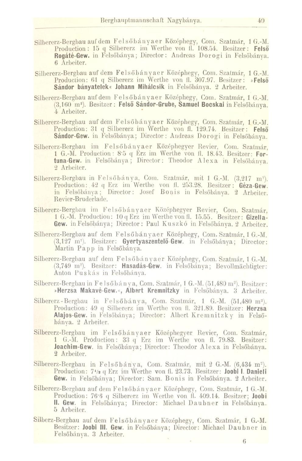 Berghauptmannschaft Nagybánya. 40 Silbererz-Bergbau aul'dem Fe 1 söbányaor Középhegy. Com. Szatmár, 1 G.-M. Production: lo ( Silbererz im Wcrlbe von II. 108.54. Besilzer: Felsö Rogáté-Gew.