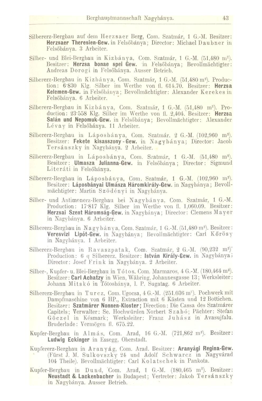 Berghauptmannschaft Nagybánya. 43 Silbererz-Bergbau auf dem Herzsaer Berg, Com. Szatmár. 1 G.-M. Besitzer: Herzsaer Theresien-Gew. in Felsőbánya; Director: Michael Daubner in Felsőbánya. 3 Arbeiter.