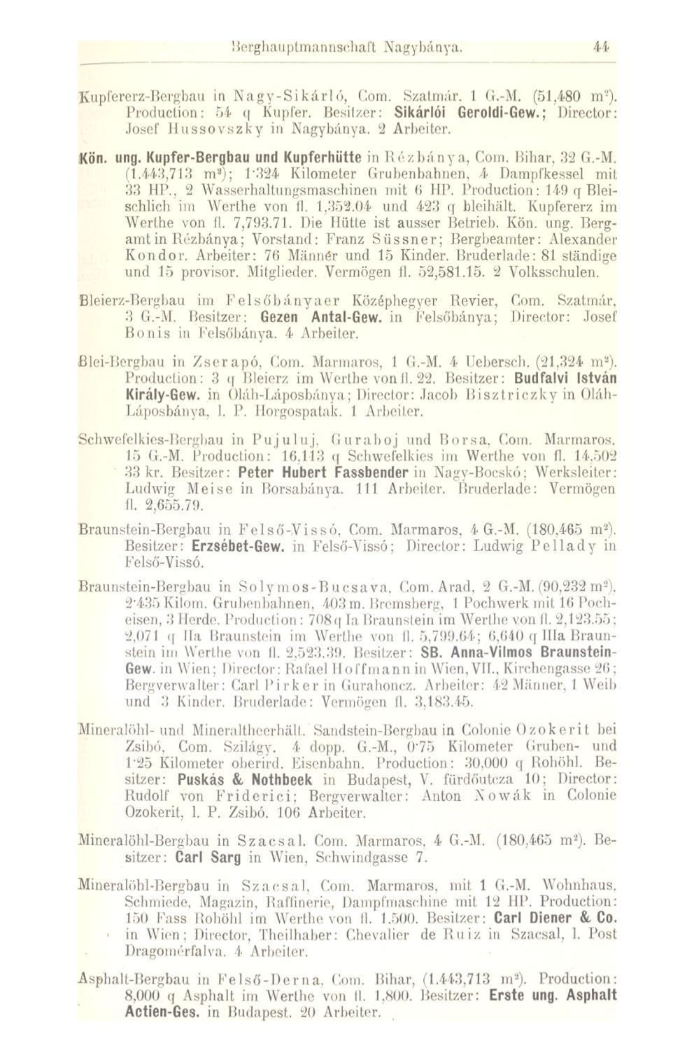 44 Kupfererz-Bergbau in N a gy-s i kár I ó, Com. Szalniár. I (J.-M. (51,480 m'-). Production: 54 q Kupfer, Besitzer: Sikárlói Geroldi-Gew.; Director:.losef Hussovszky in Nagybánya. 2 Arbeiter. Kön.