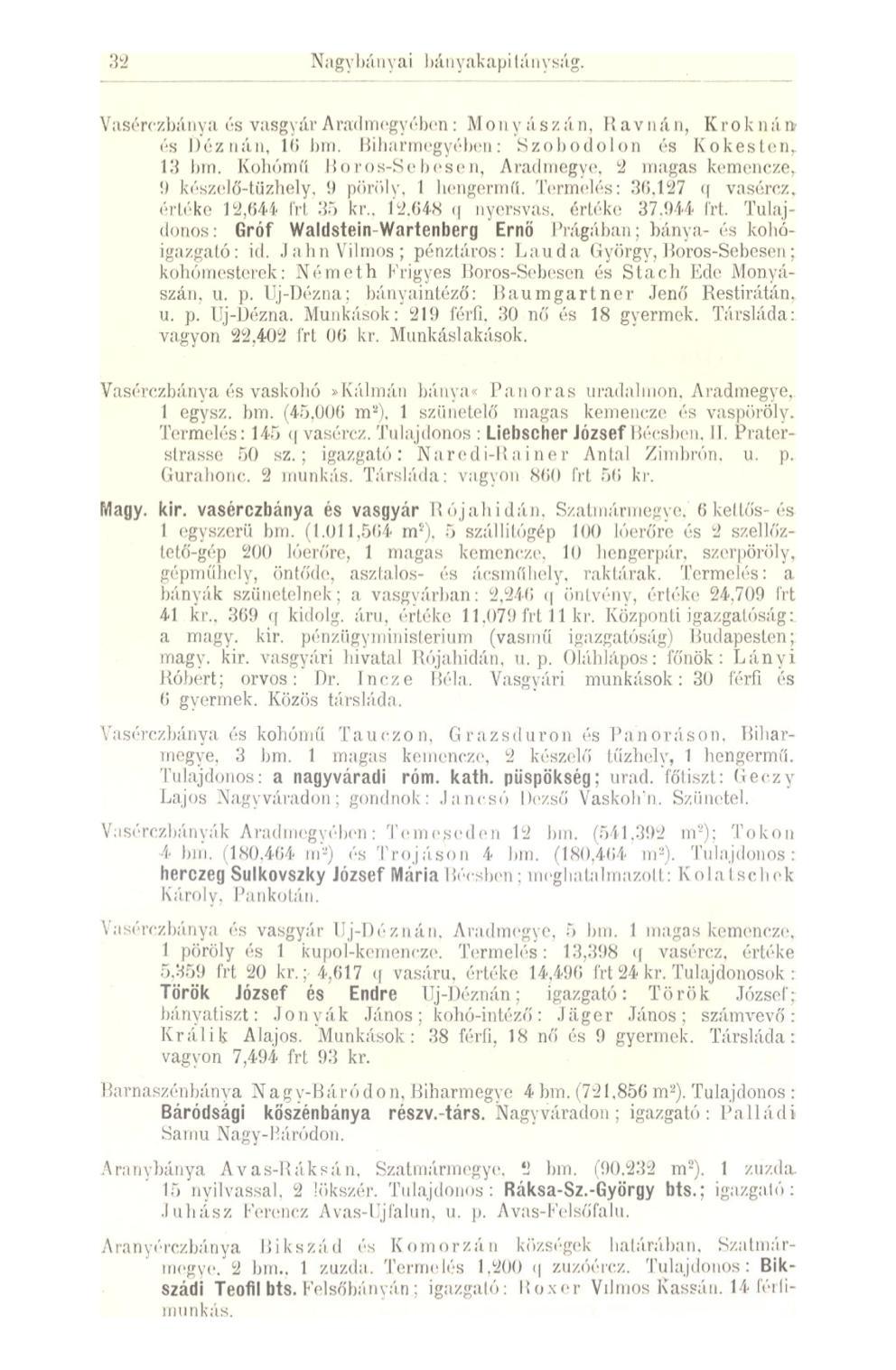 32 Nagybányai J >á 1 y a k api tánysá g. Vasérezbánya és vasgyár Aradmegyében : Mony ászán, Havuáii, Kroknán és Déznán, lb' bm. Bihnrmegyében: Szobodolon és Kokeslen, 13 bm.