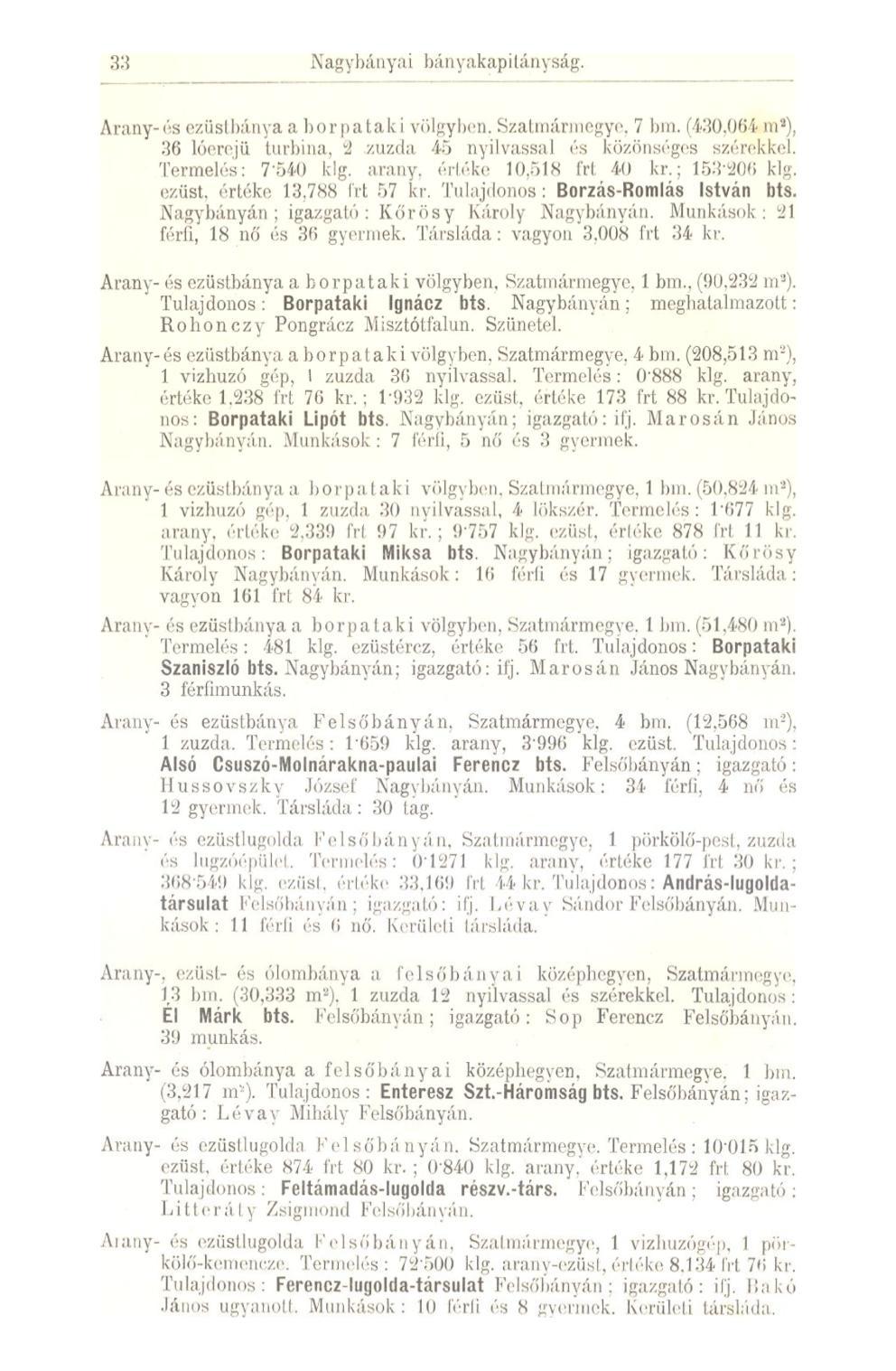33 Nagybányai bányakapitányság. Arany-ós oziislbánya a borpata k i völgyben. Szalmármegye. 7 bin. (430,004 ni 3 ), 36 lóerejü turbina, 2 zúzda 45 nyilvassal és közönséges szerekkel.