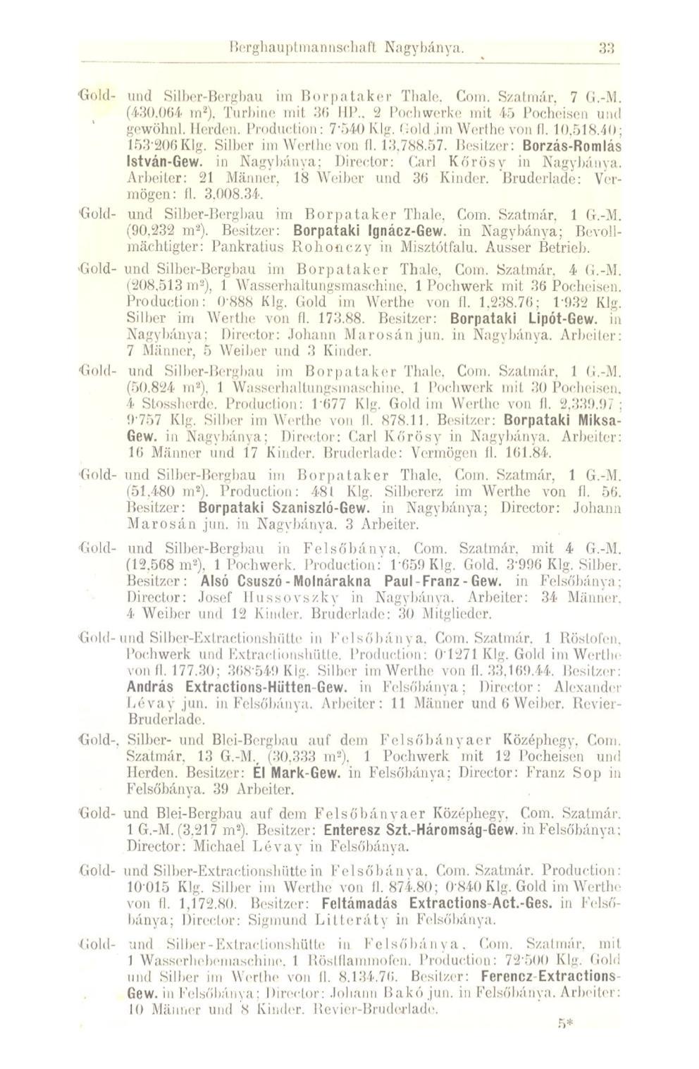 Berghauptmannschaft Nagybánya. 33 "(hilil- und Silber-Bergbau im Borpatakor Thale. Com. Szatmár, 7 G.-M. (430,Q64 m*), Turbine mit 36 HB.. 2 Pochwerke mit 45 Poehoisen u:id gewöhnl. Herden.