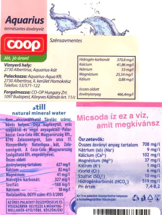 1.1. ábra: Kereskedelmi forgalomban levő palackos víz információs adatai. Az 1.1.. ábra kereskedelmi termékének az adatsorából ugyanakkor egyszerűen kiszámolható annak a kalcium, magnézium, összes kation, hidrogénkarbonát, összes anion tartalma is.